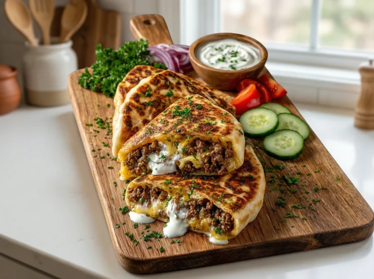Cheesy Beef Stuffed Flatbreads with Garlic Yogurt Sauce