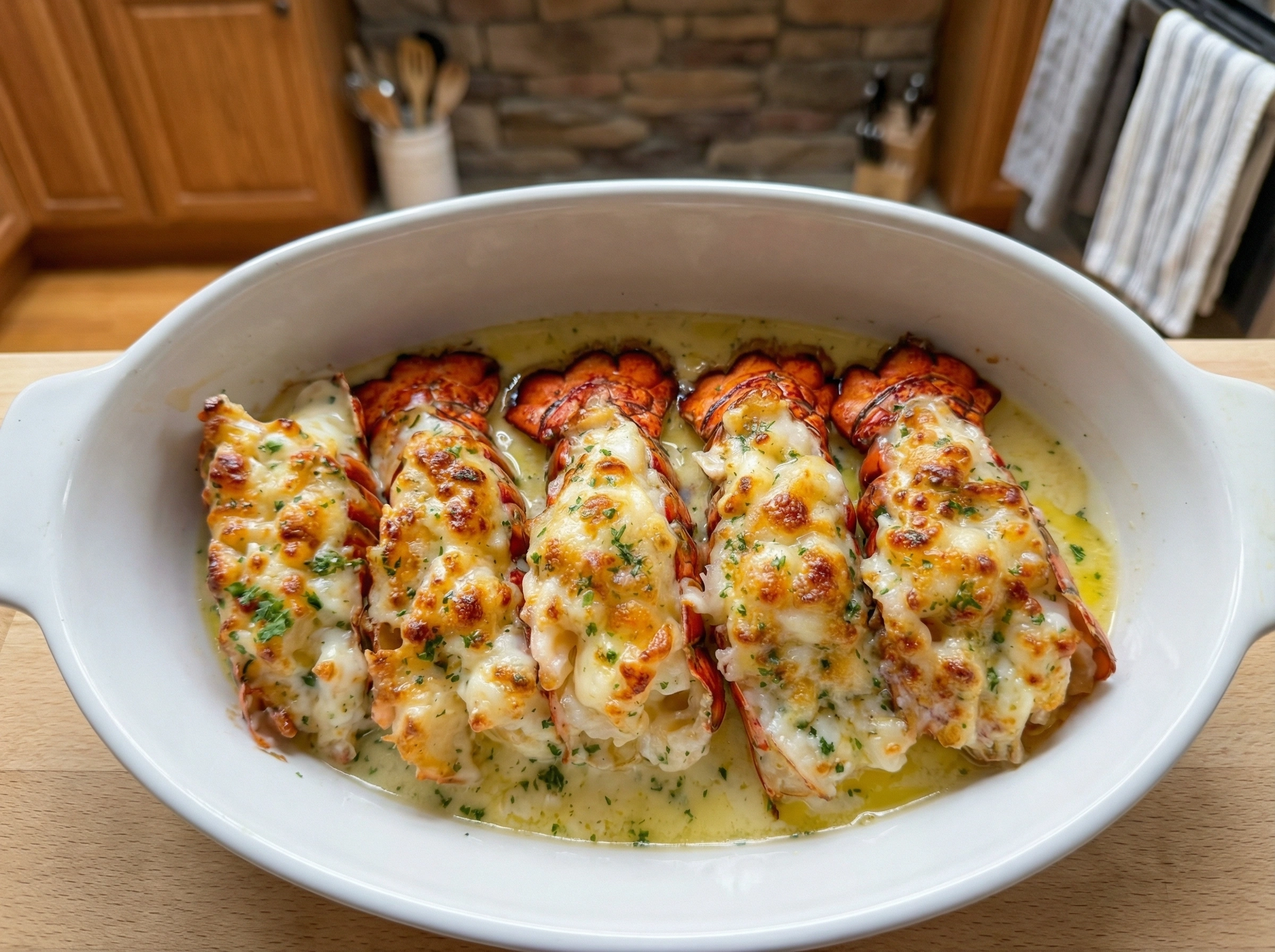 Cheesy Garlic Butter Baked Lobster Tails