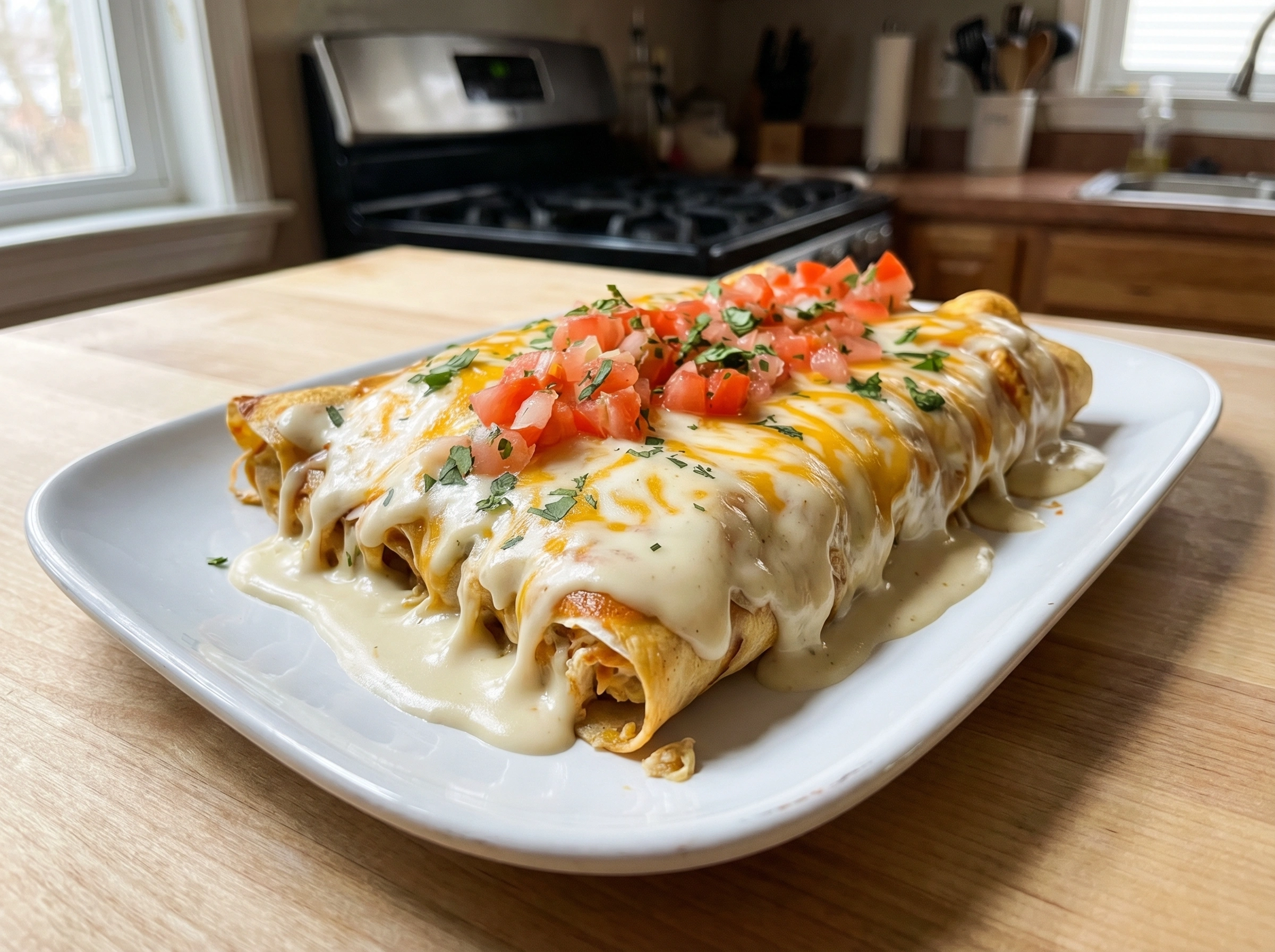Creamy White Queso Chicken Enchiladas