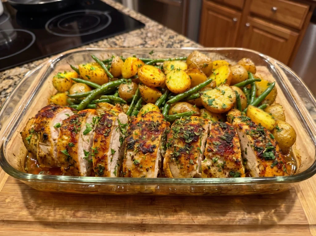 Garlic Herb Roast Chicken with Baby Potatoes and Green Beans