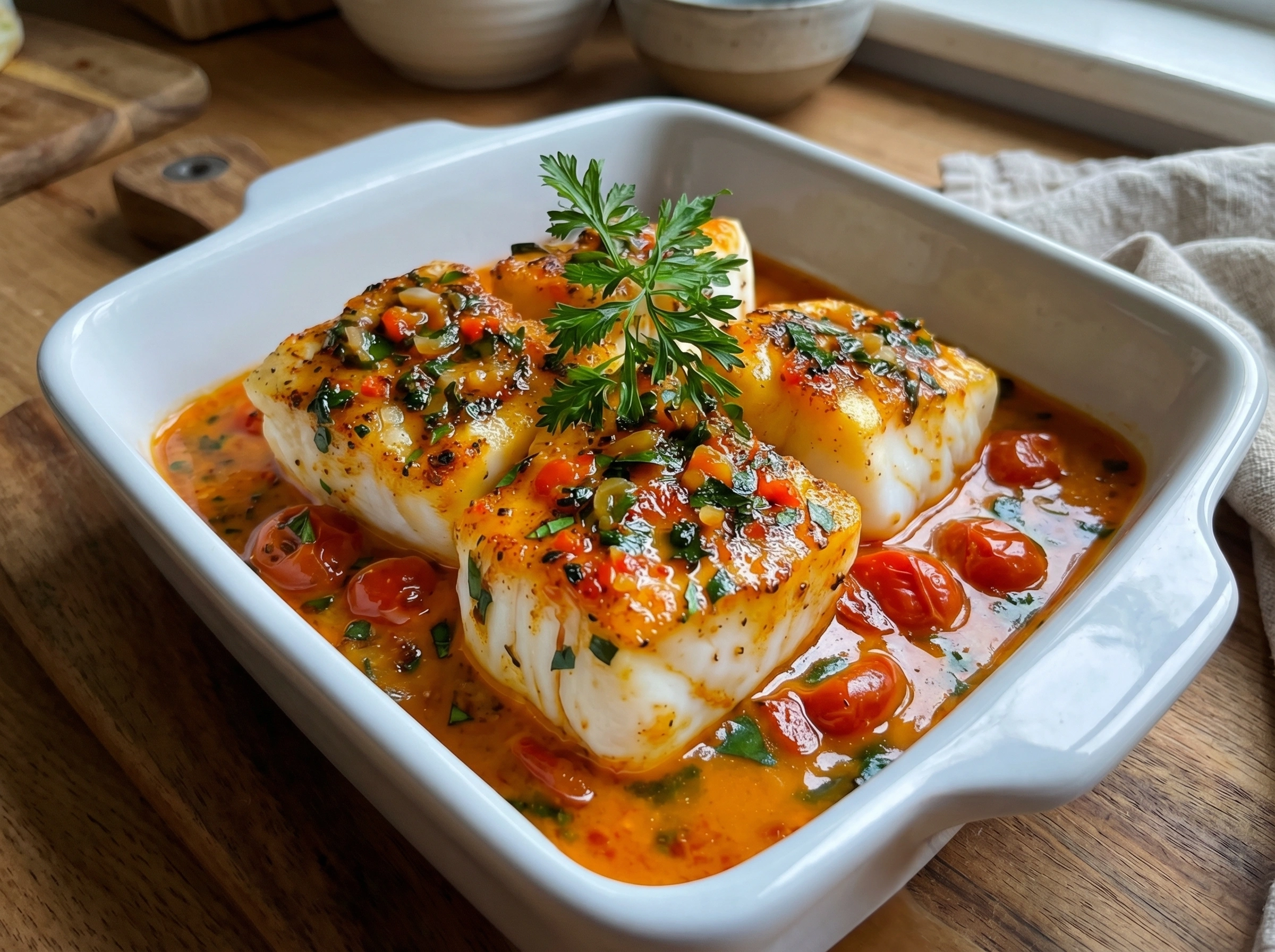 Garlic Butter Cod in Spicy Tomato Herb Sauce
