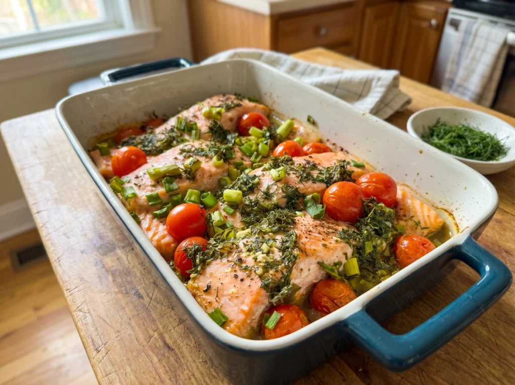 Garlic Dill Baked Salmon with Cherry Tomatoes