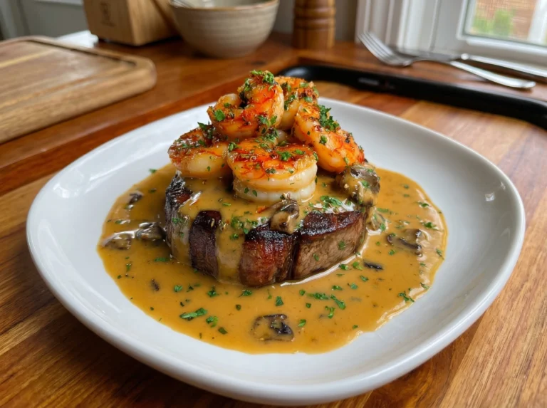 Garlic Butter Steak with Shrimp Creamy Mushroom Sauce