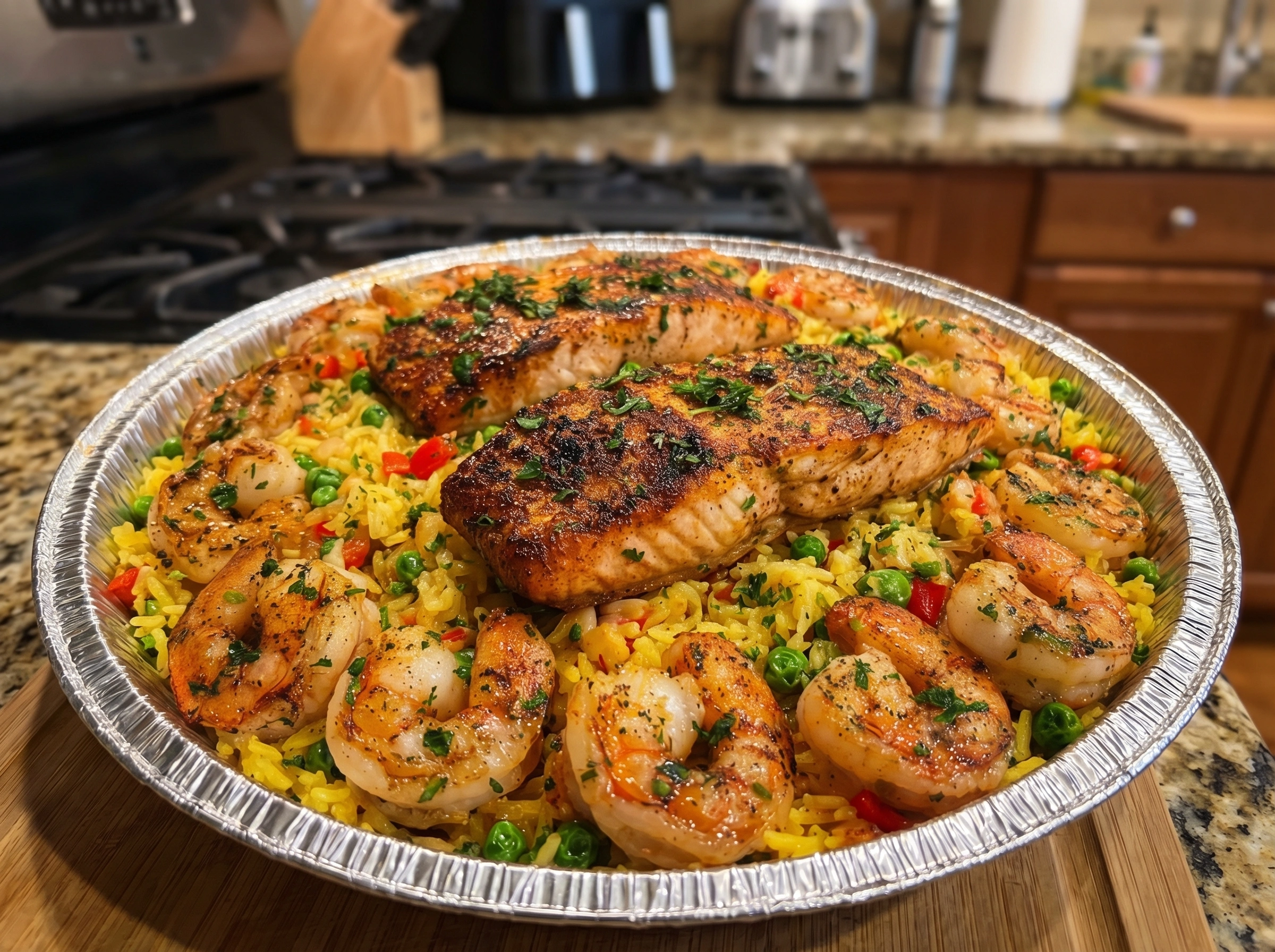 Blackened Salmon Shrimp Yellow Rice Skillet