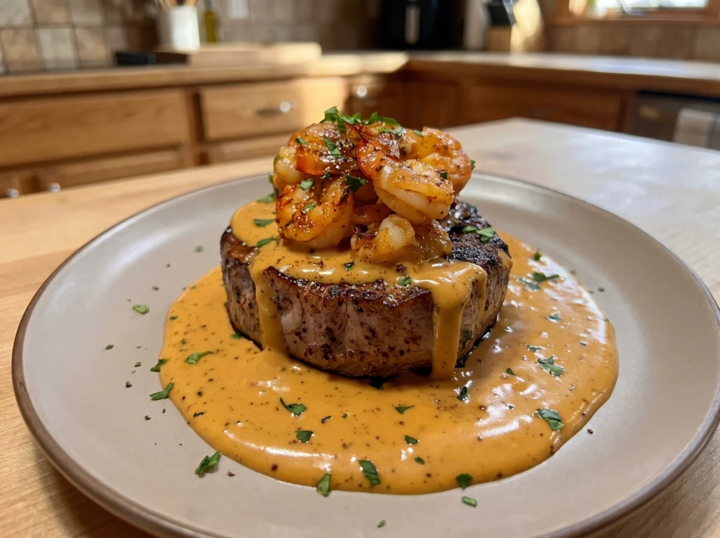 Cajun Shrimp-Topped Steak with Creamy Garlic Sauce