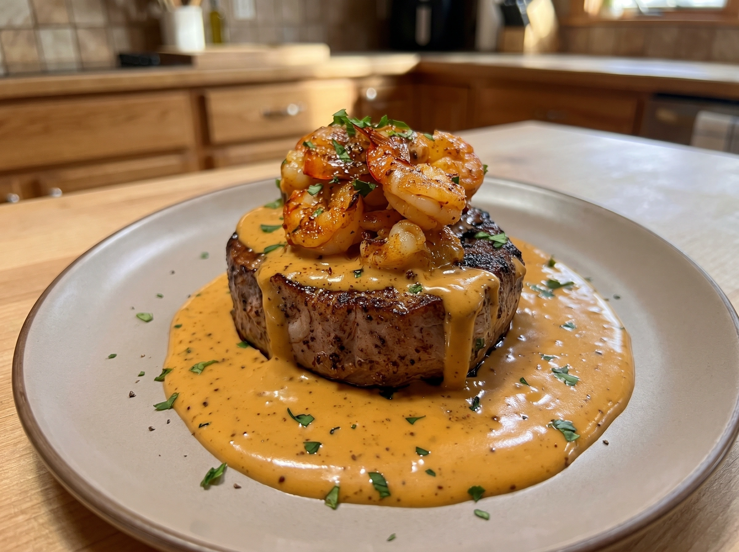 Cajun Shrimp-Topped Steak with Creamy Garlic Sauce