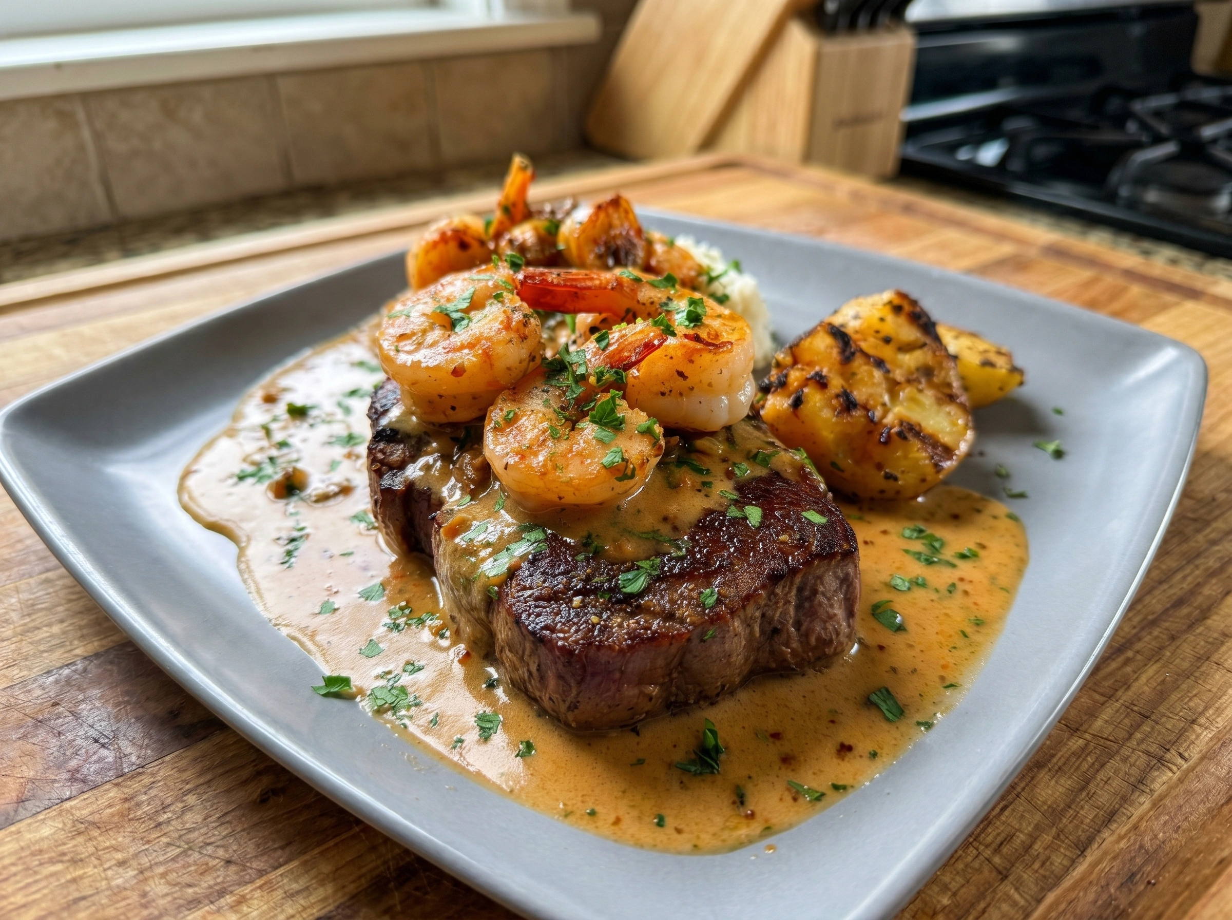 Steak in Creamy Cajun Shrimp Sauce
