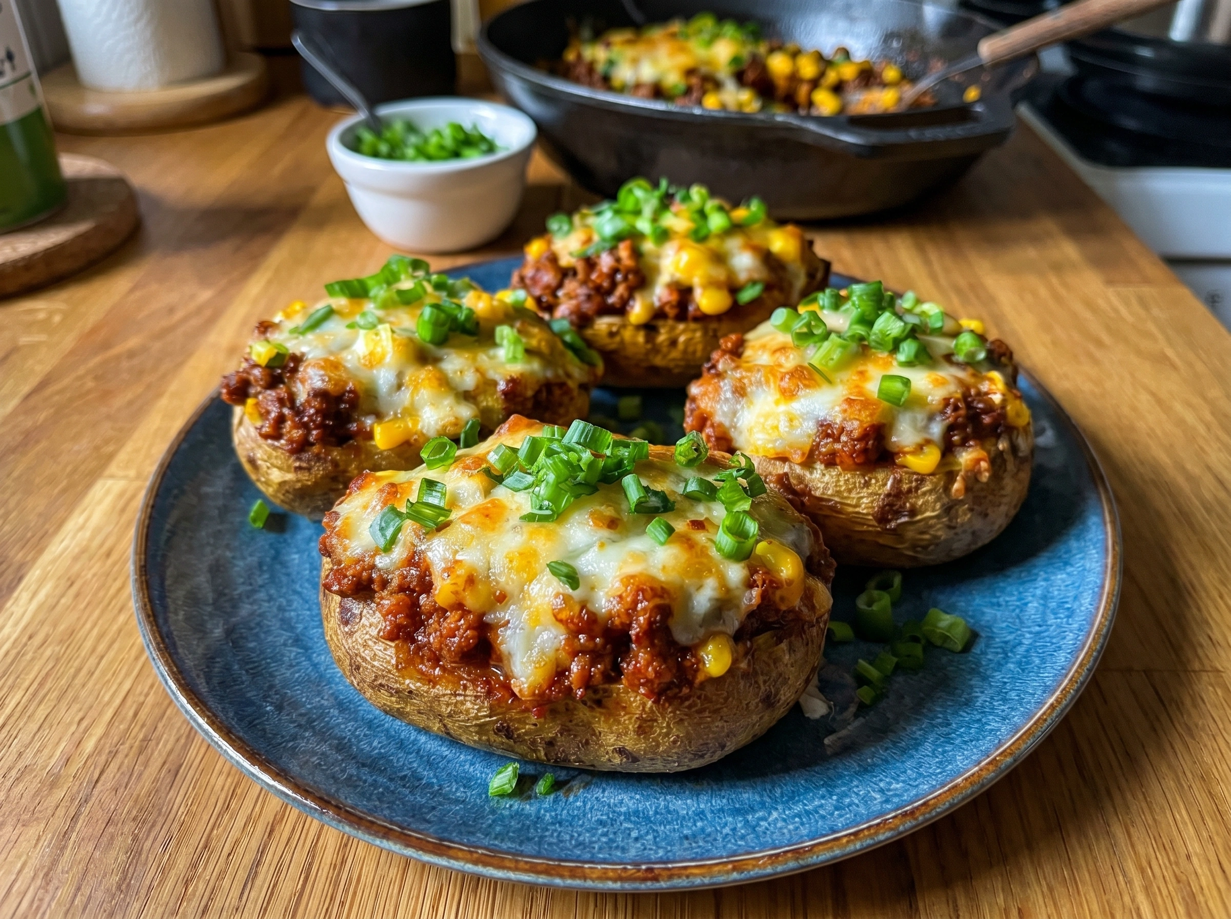 Cheesy Beef and Corn Stuffed Potatoes