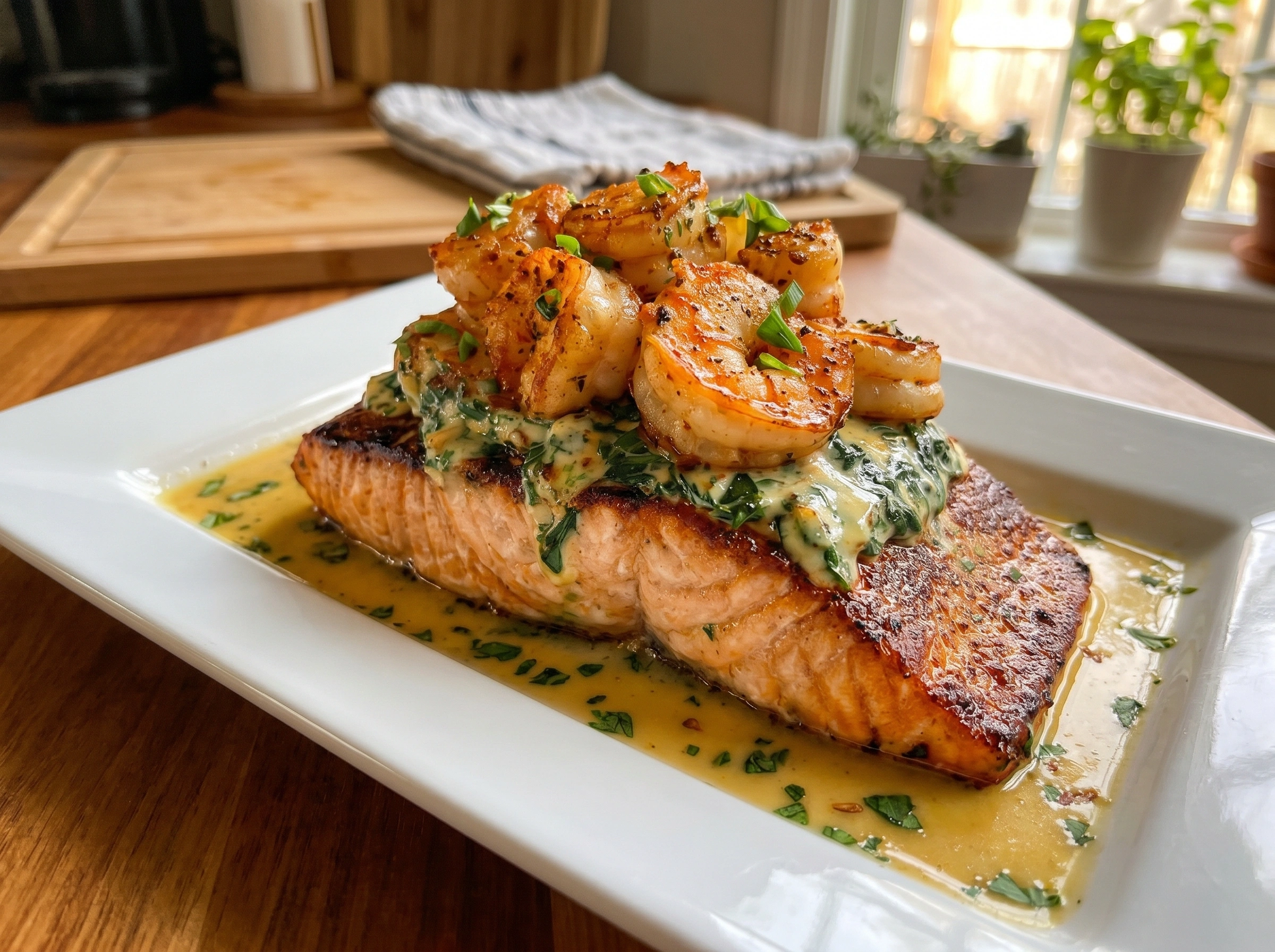 Creamy Spinach-Stuffed Salmon with Garlic Shrimp