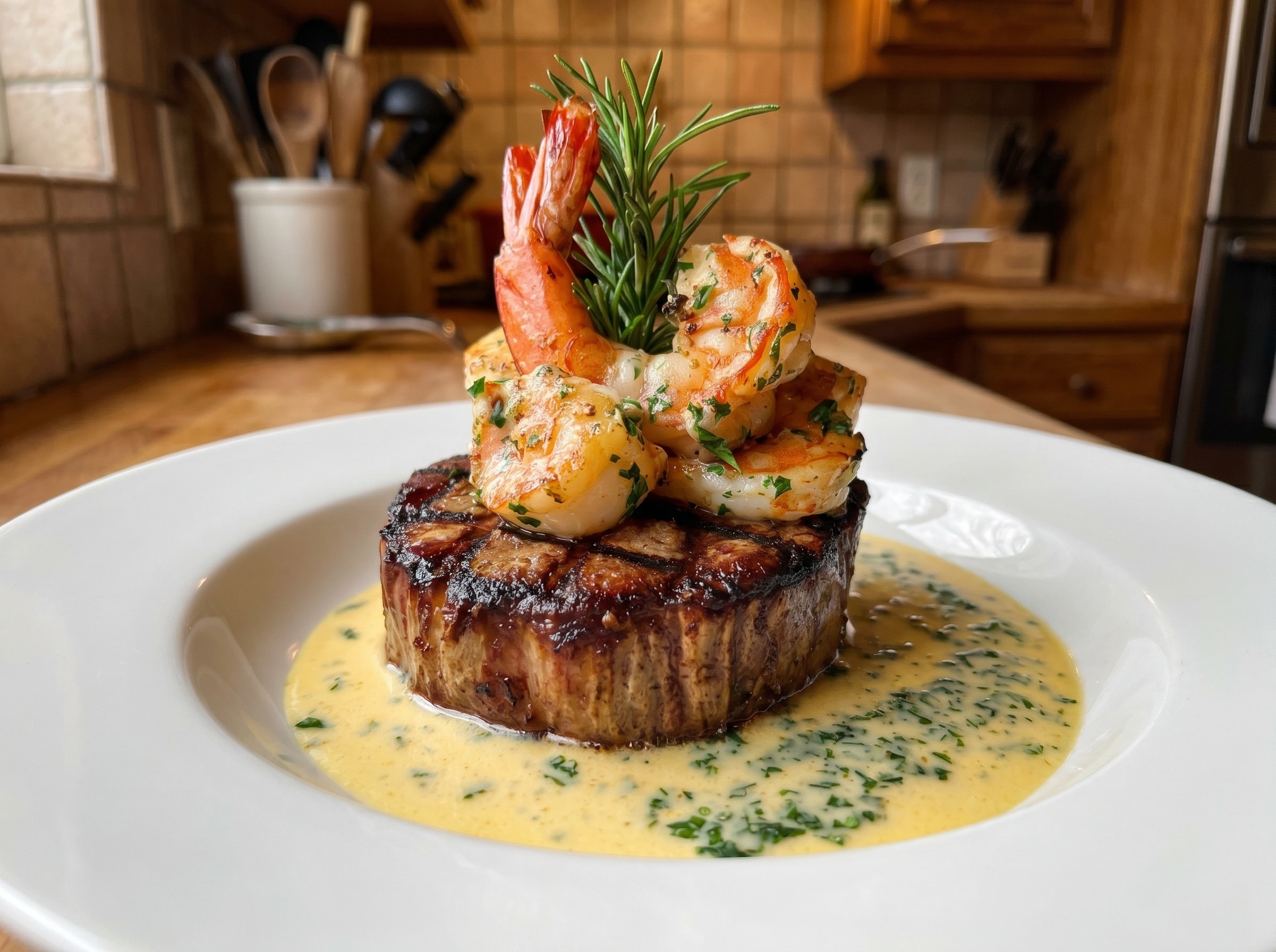 Garlic Butter Surf-and-Turf Steak with Creamy Herb Sauce