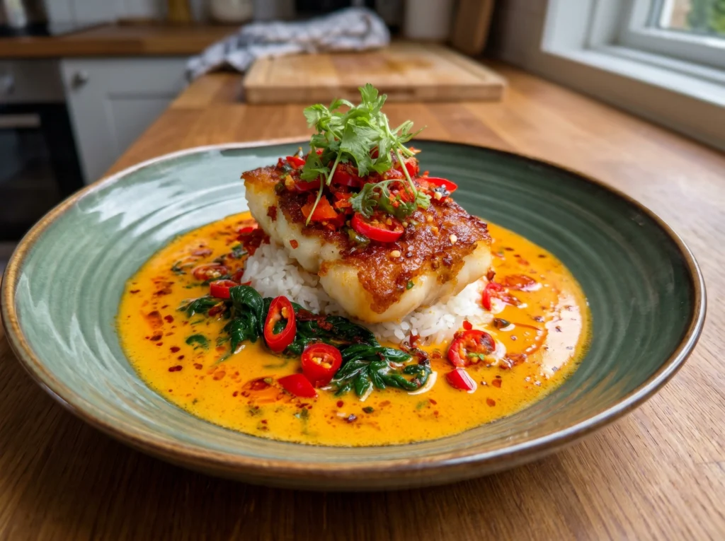 Crispy Coconut Chili Fish with Creamy Curry Rice