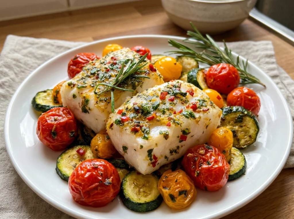 Lemon Herb Baked Cod with Roasted Zucchini and Cherry Tomatoes