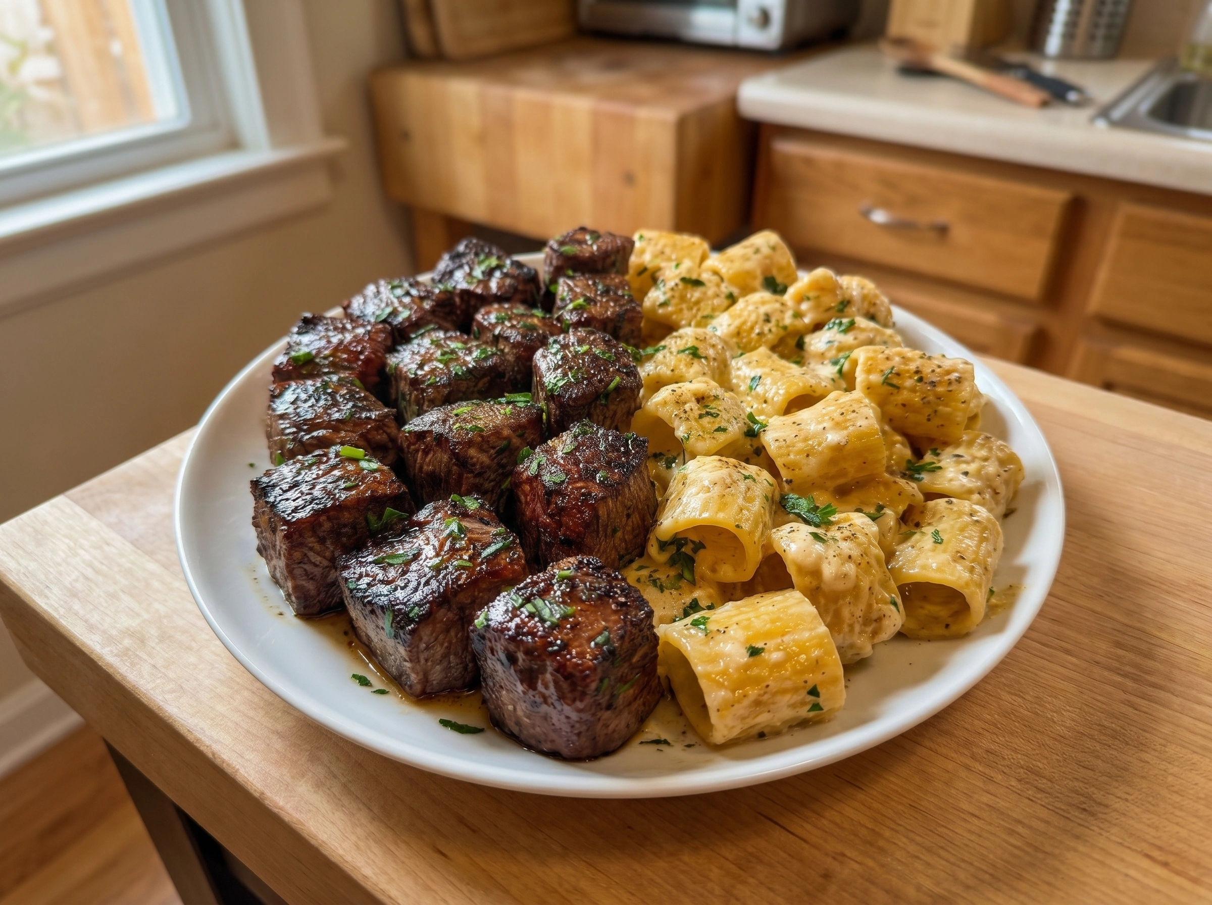Garlic Butter Steak Bites with Creamy Parmesan Rigatoni