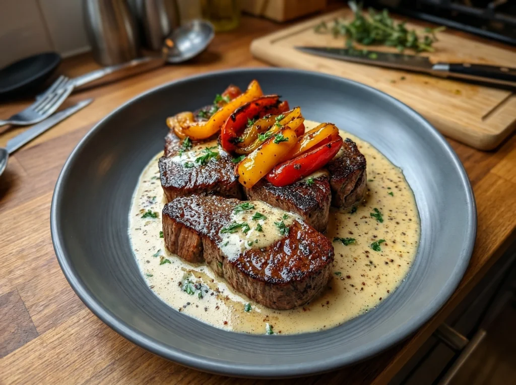 Creamy Peppercorn Steak with Charred Bell Peppers