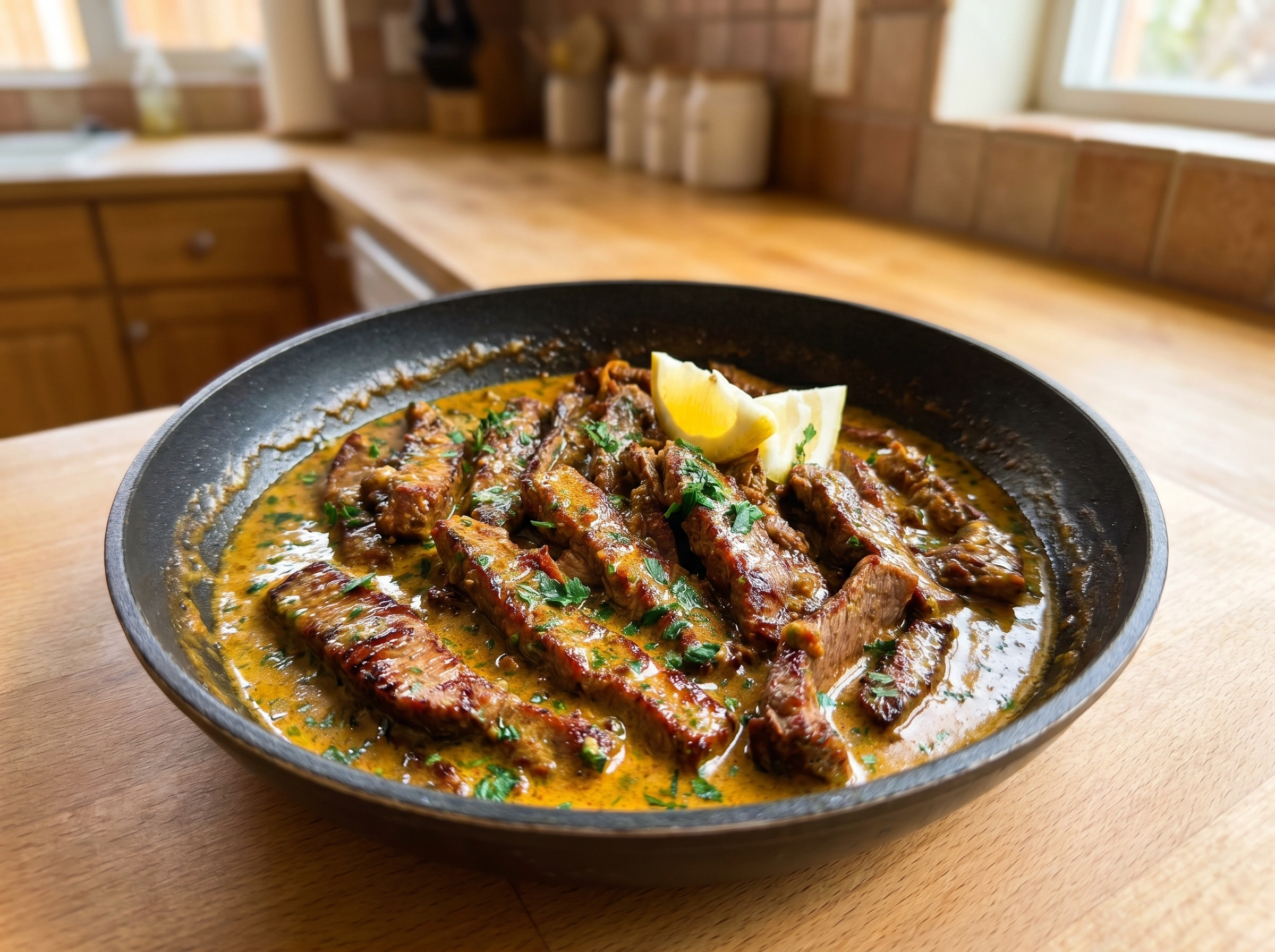 Garlic Butter Steak Strips in Creamy Lemon Herb Sauce