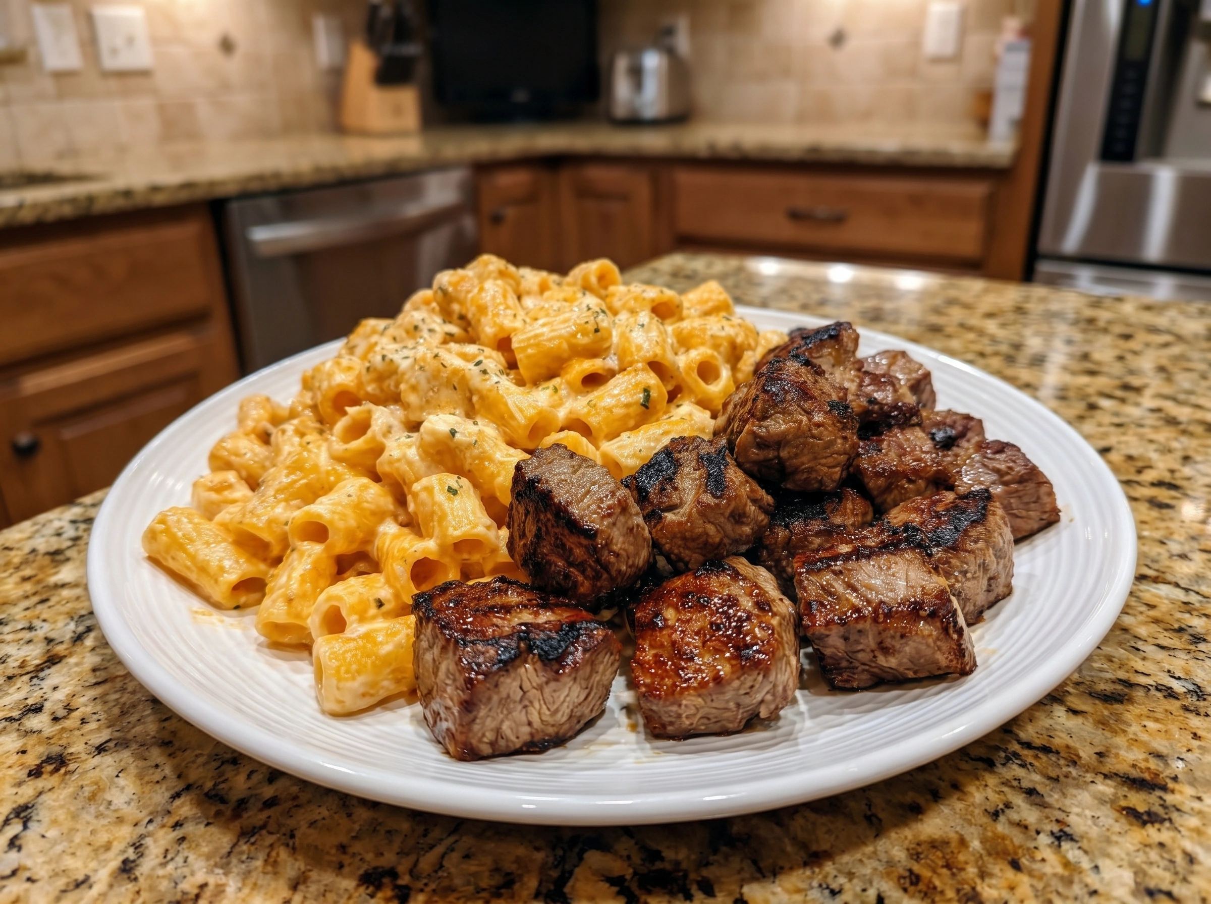 Garlic Butter Steak Bites with Creamy Rigatoni
