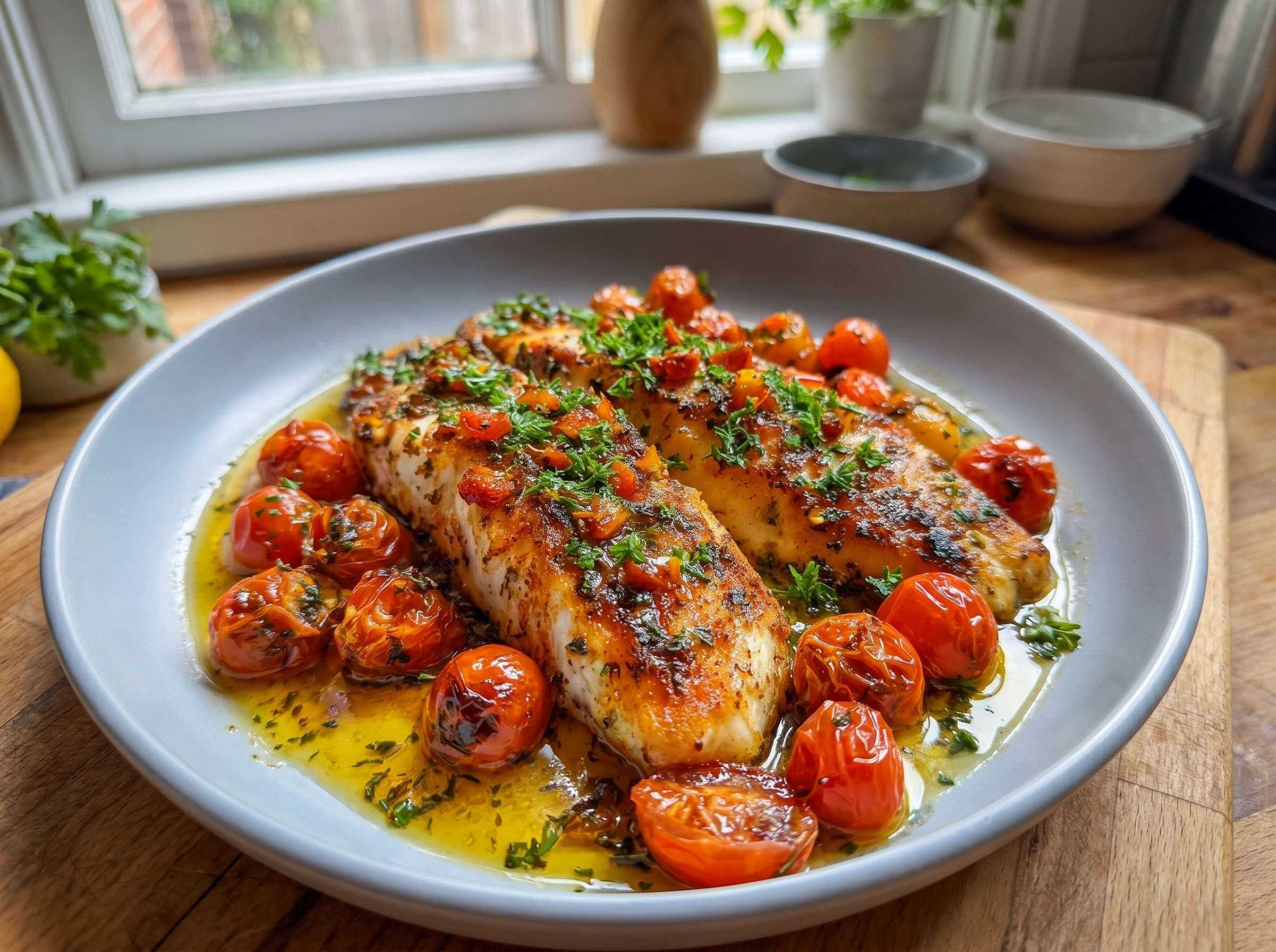 Lemon Garlic Butter Fish with Burst Tomatoes