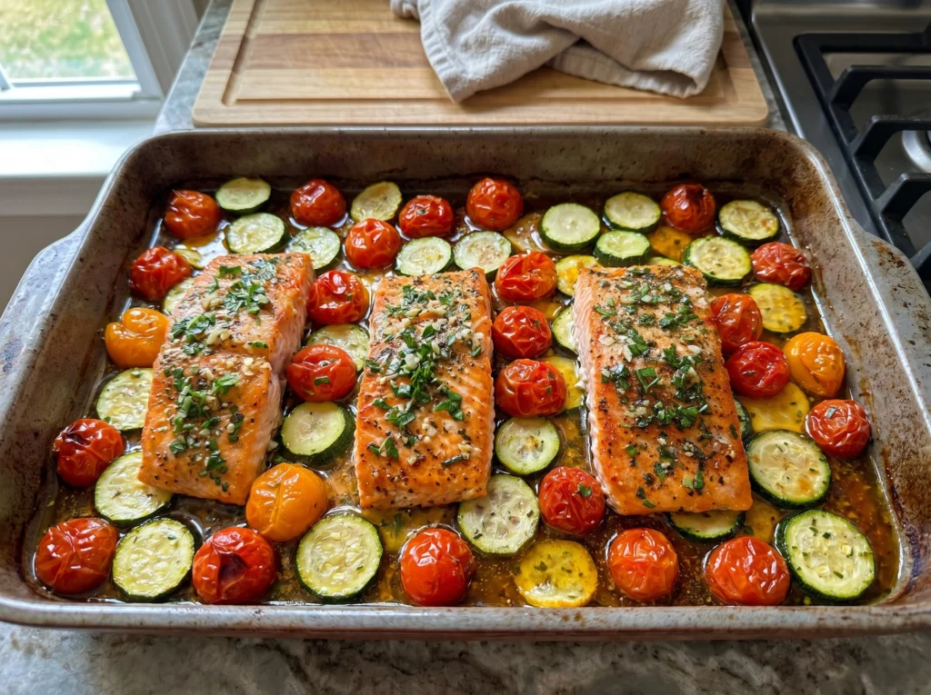 Garlic Herb Salmon with Zucchini Roasted Tomatoes