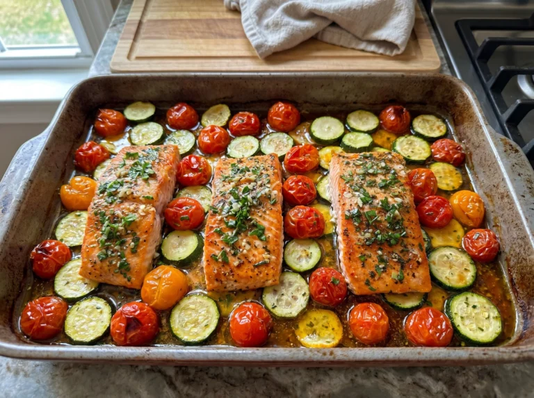 Garlic Herb Salmon with Zucchini Roasted Tomatoes
