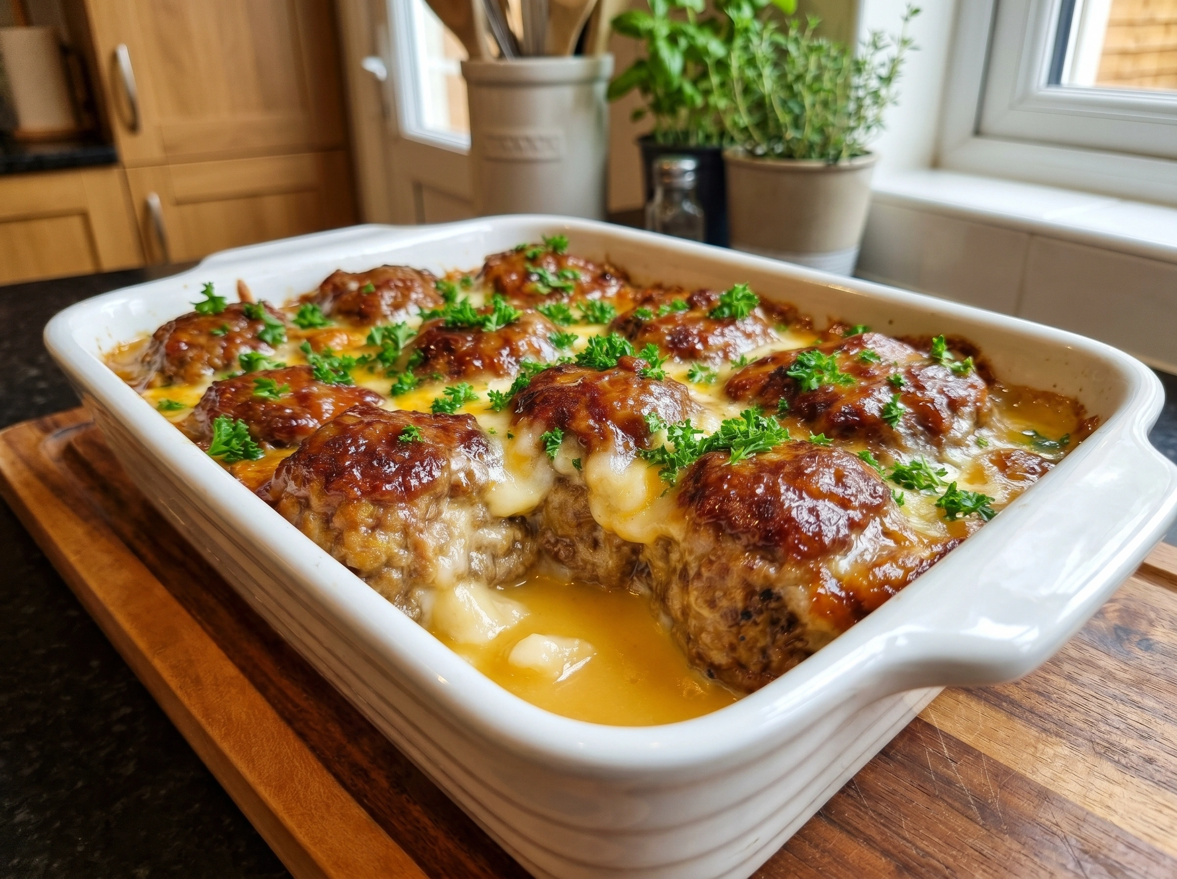 Cheesy Garlic Butter Meatball Bake