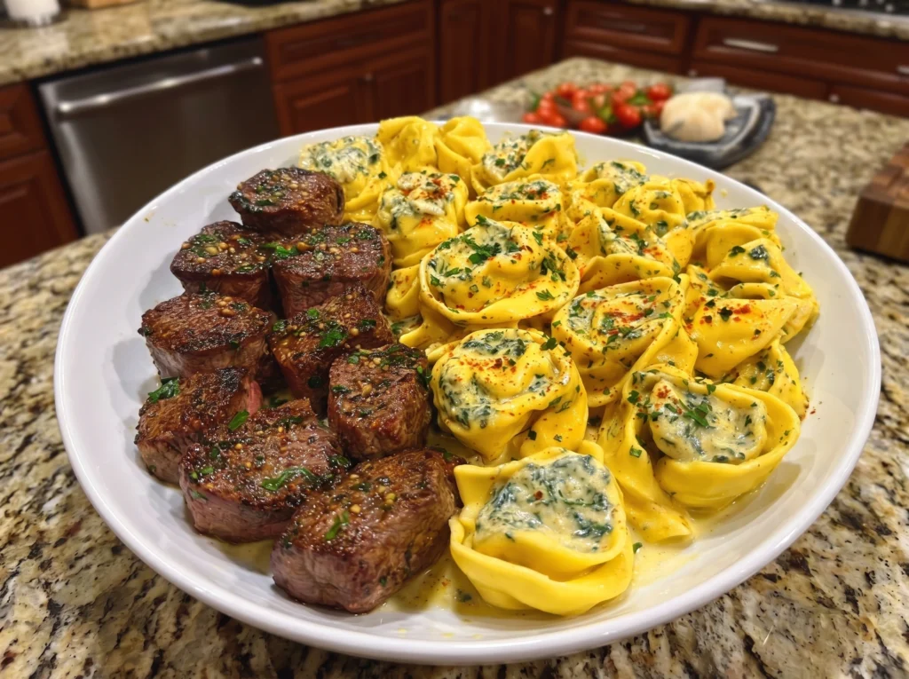 Garlic Butter Steak Bites with Creamy Spinach Tortellini
