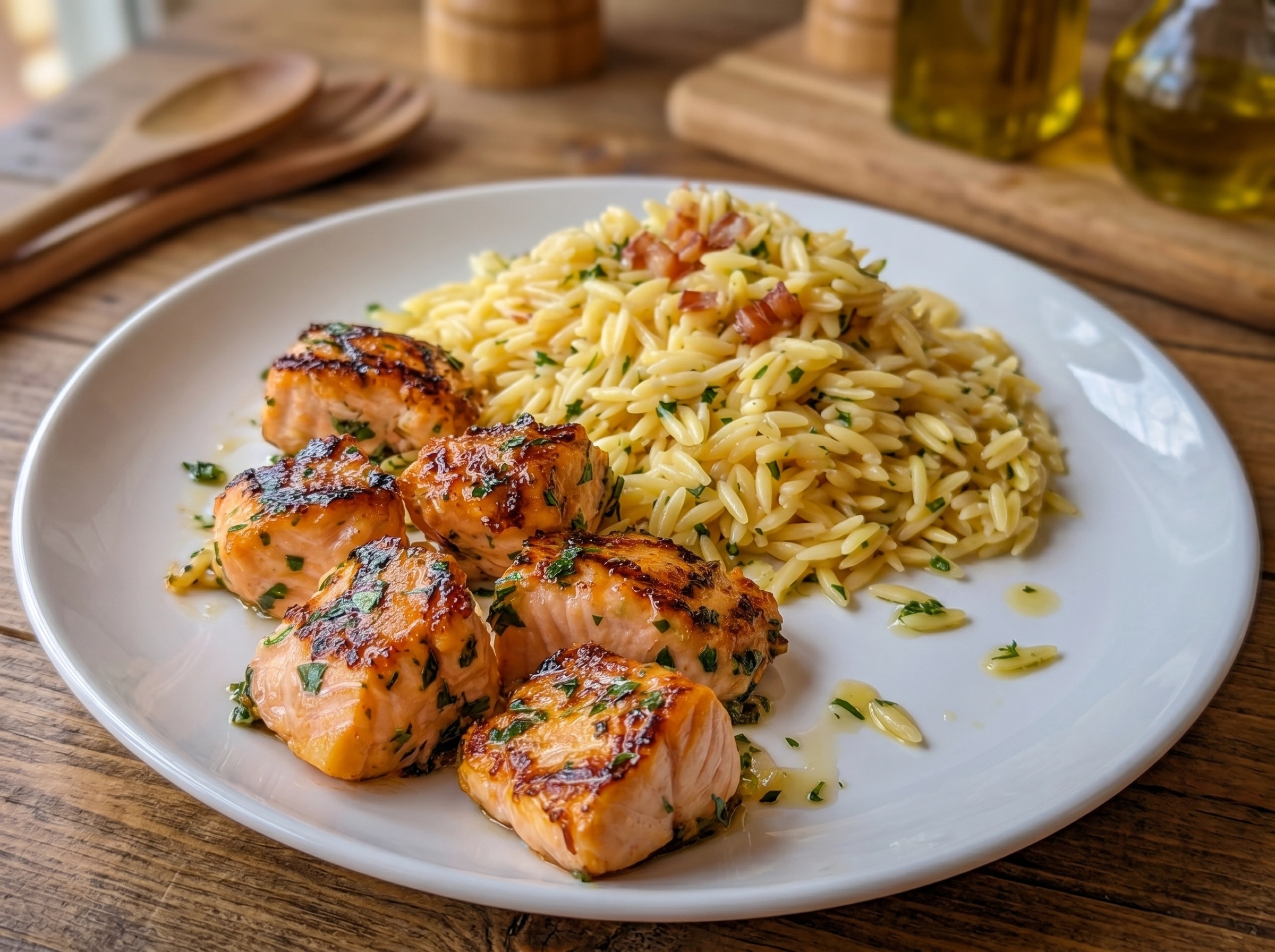Garlic Butter Salmon Bites with Lemon Herb Orzo