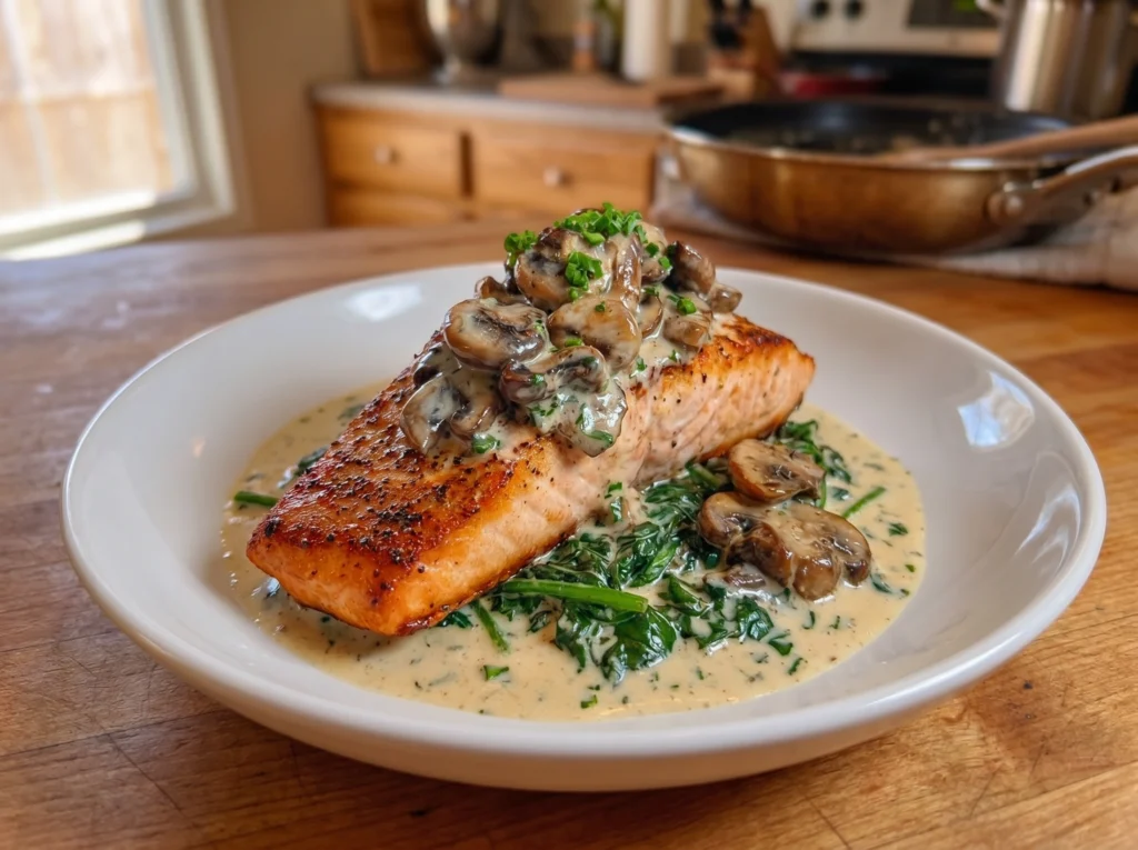 Creamy Garlic Mushroom Salmon with Spinach