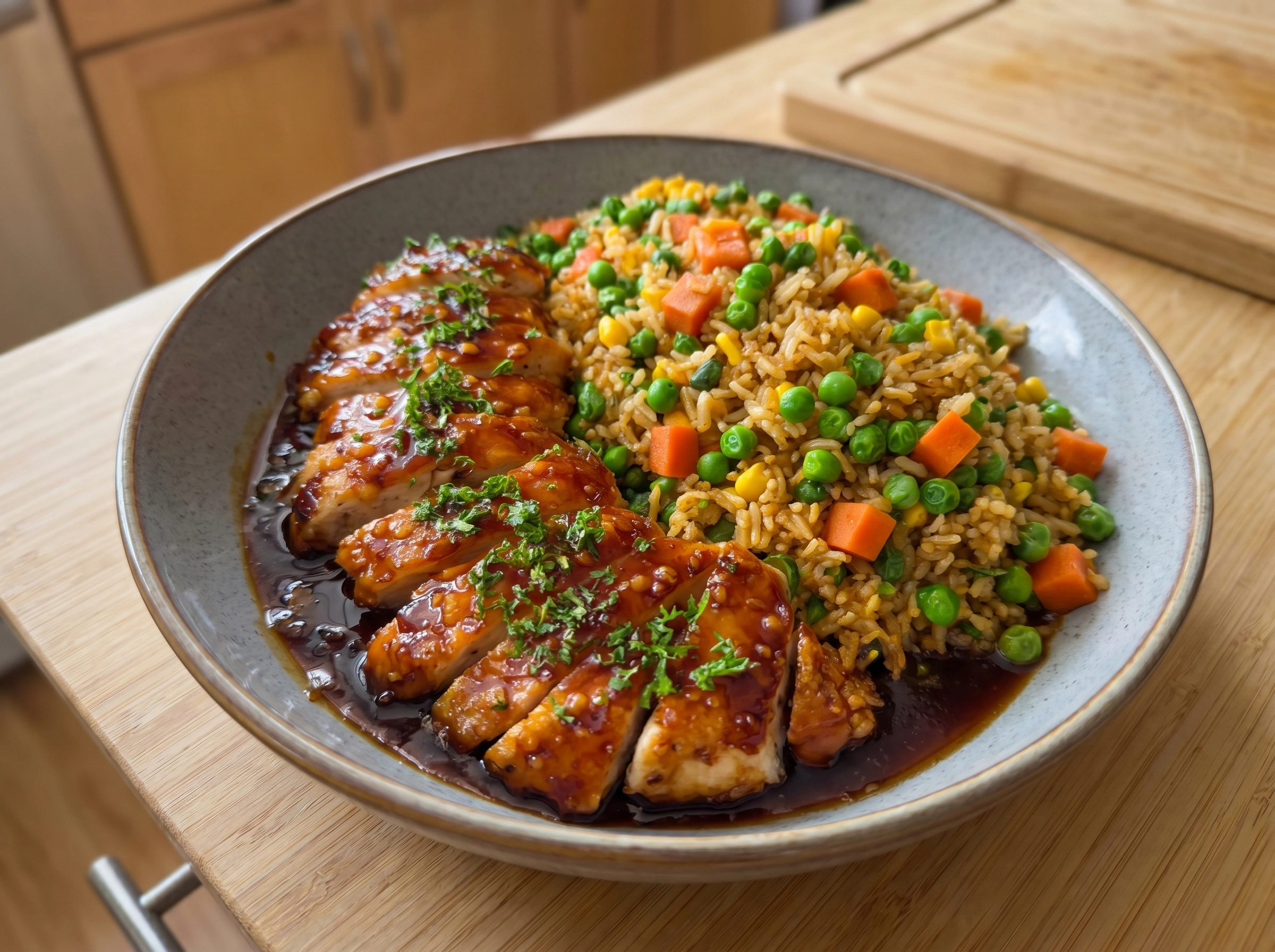 Sticky Honey Garlic Chicken with Vegetable Fried Rice