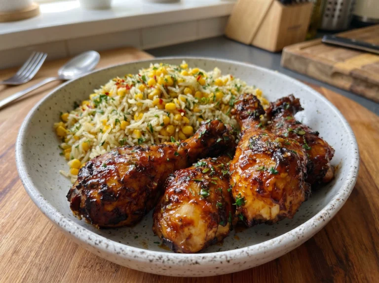Sticky Garlic Chicken Drumsticks with Sweet Corn Rice