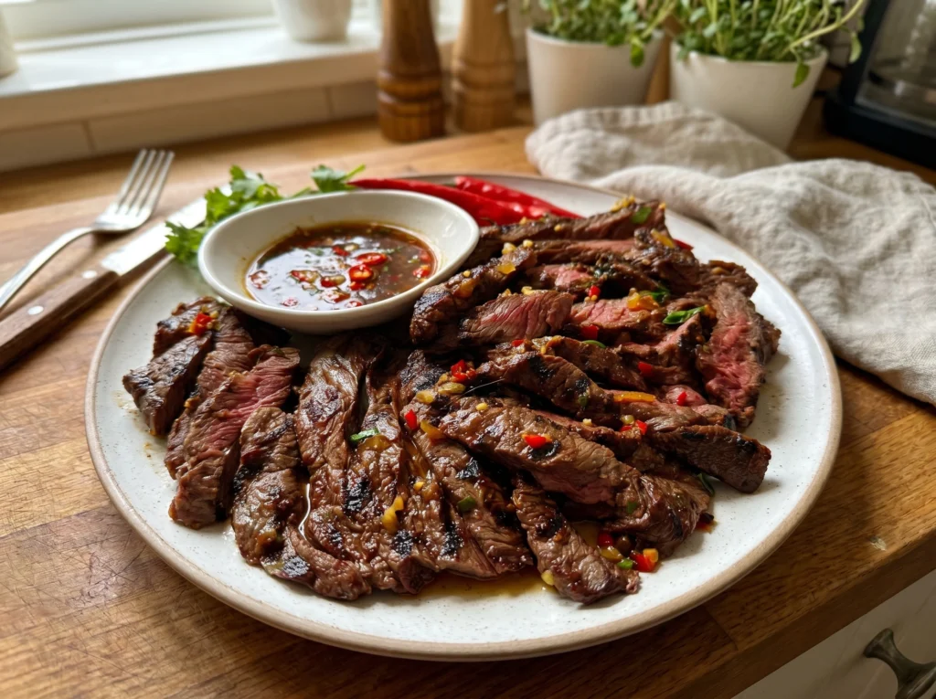 Spicy Garlic Chili Steak with Savory Dipping Sauce