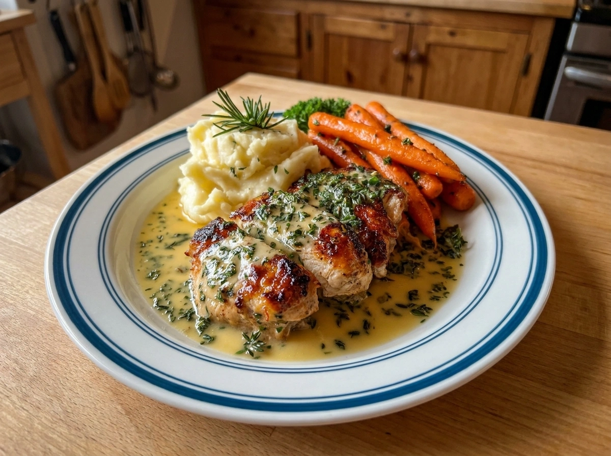 Creamy Herb Chicken with Mashed Potatoes and Glazed Carrots