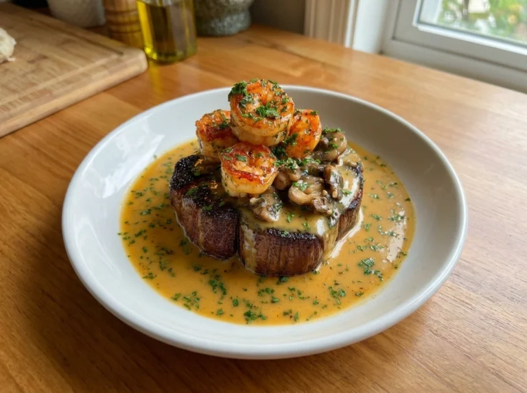Garlic Butter Steak Shrimp with Creamy Mushroom Sauce