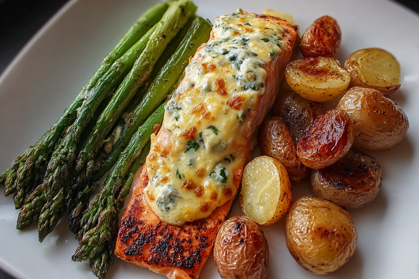 Cheesy Asparagus Salmon with Roasted Baby Potatoes