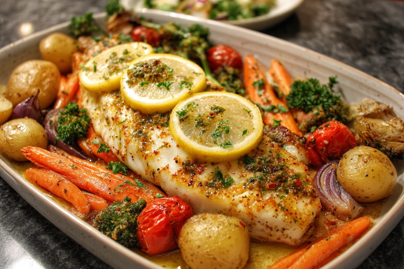 Garlic Lemon White Fish with Roasted Vegetables