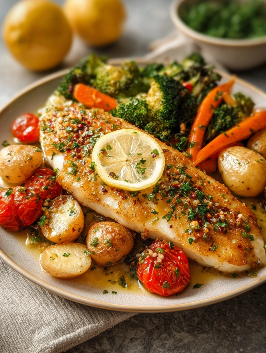 Garlic Lemon White Fish with Roasted Vegetables