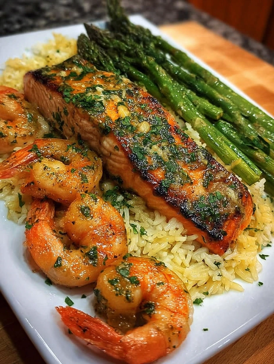 Garlic Butter Salmon & Shrimp Rice Bowl with Asparagus