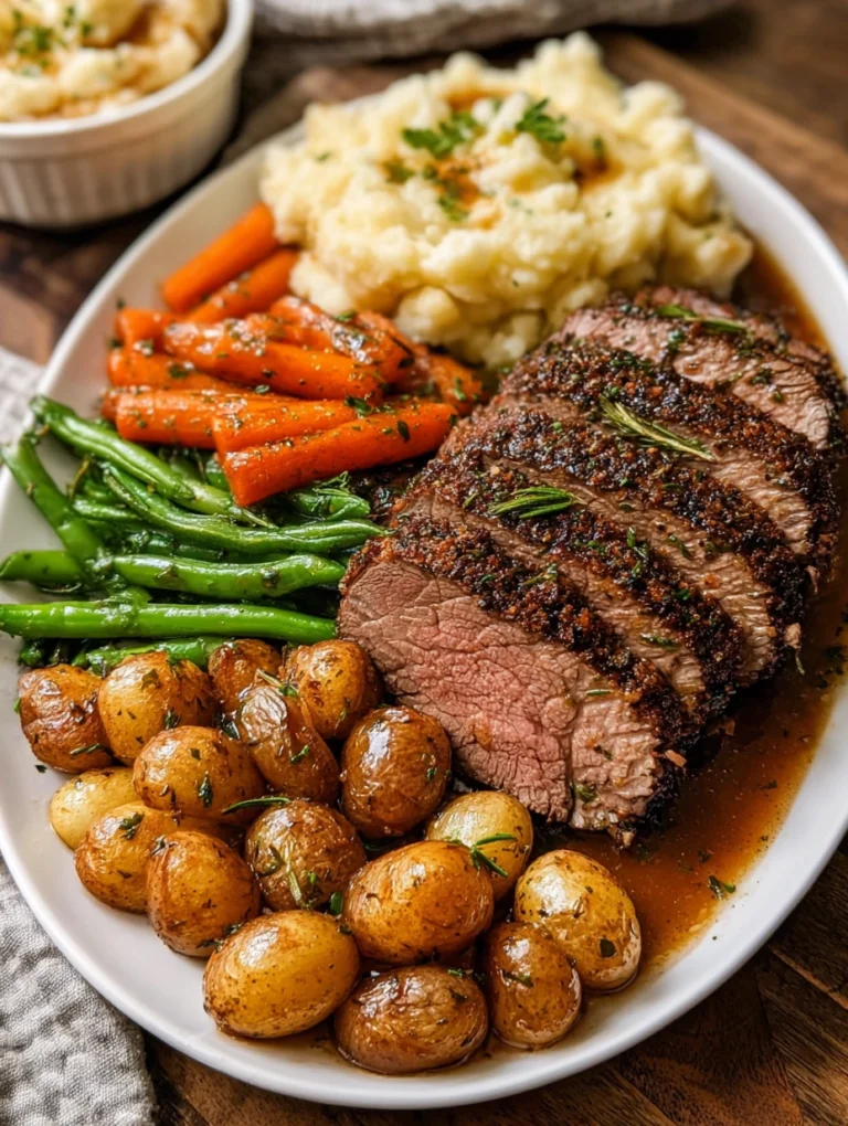 Classic Herb-Crusted Roast Beef Dinner with Vegetables