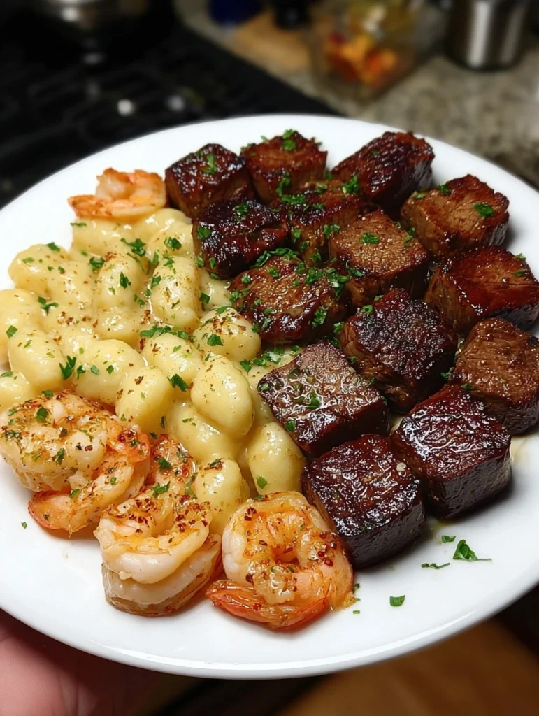 Garlic Butter Steak Bites & Shrimp with Creamy Gnocchi