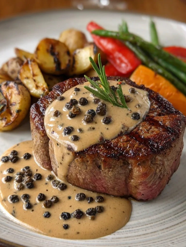Creamy Peppercorn Steak with Grilled Vegetables