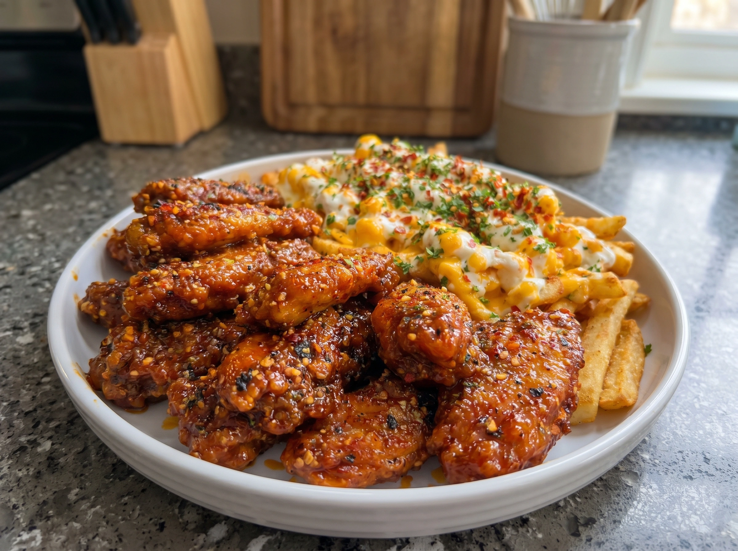 Sticky Spicy Chicken Wings with Loaded Cheese Fries