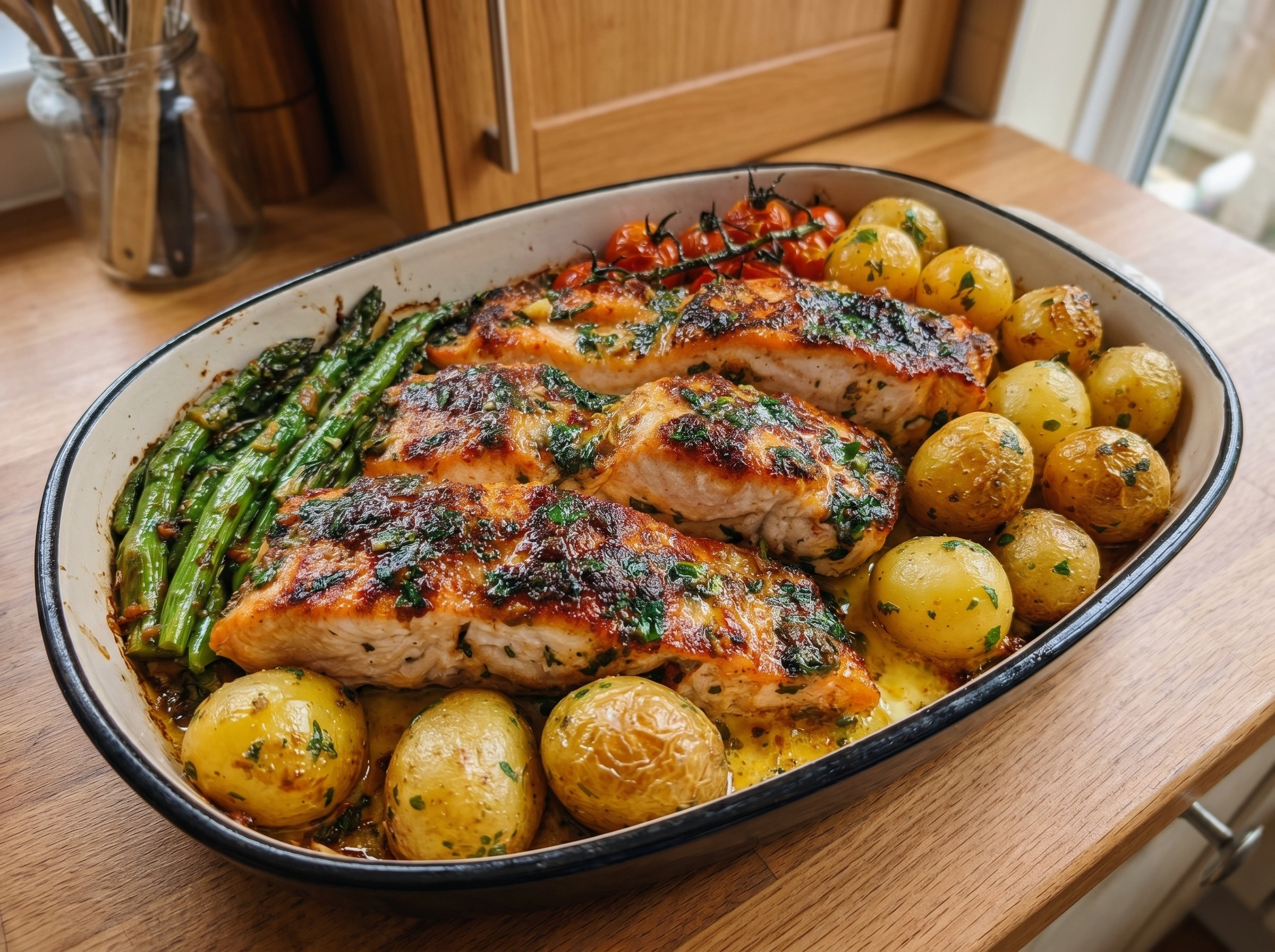 Garlic Herb Baked Salmon with Potatoes