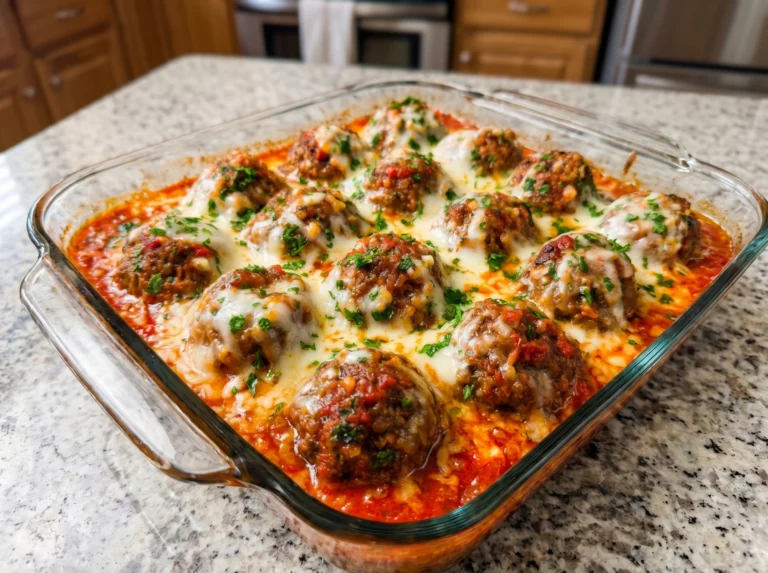Cheesy Baked Meatballs in Creamy Marinara Sauce