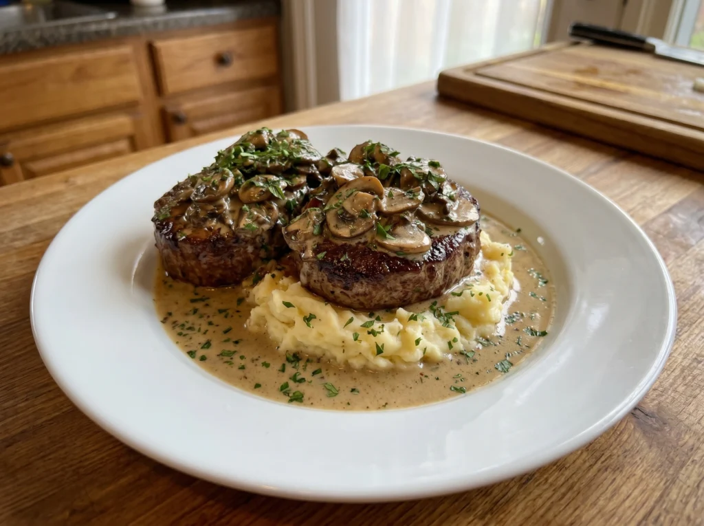 Creamy Mushroom Steak with Mashed Potatoes