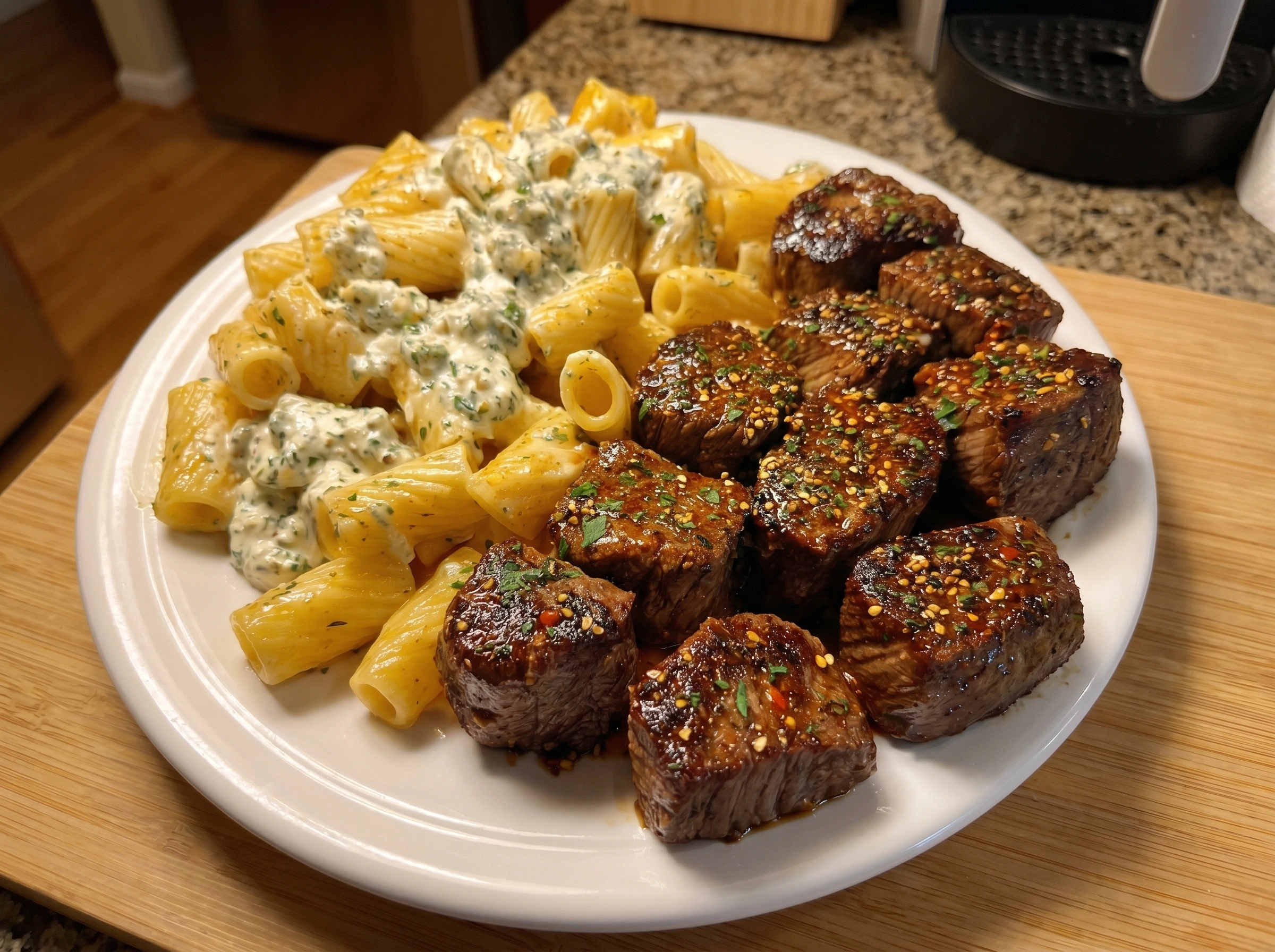 Garlic Butter Steak Bites over Creamy Herb Rigatoni