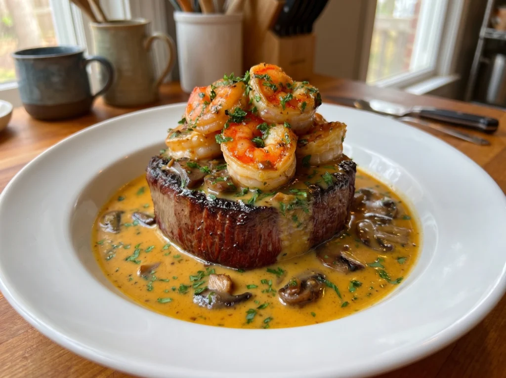 Turf Steak with Garlic Shrimp and Creamy Mushroom Sauce