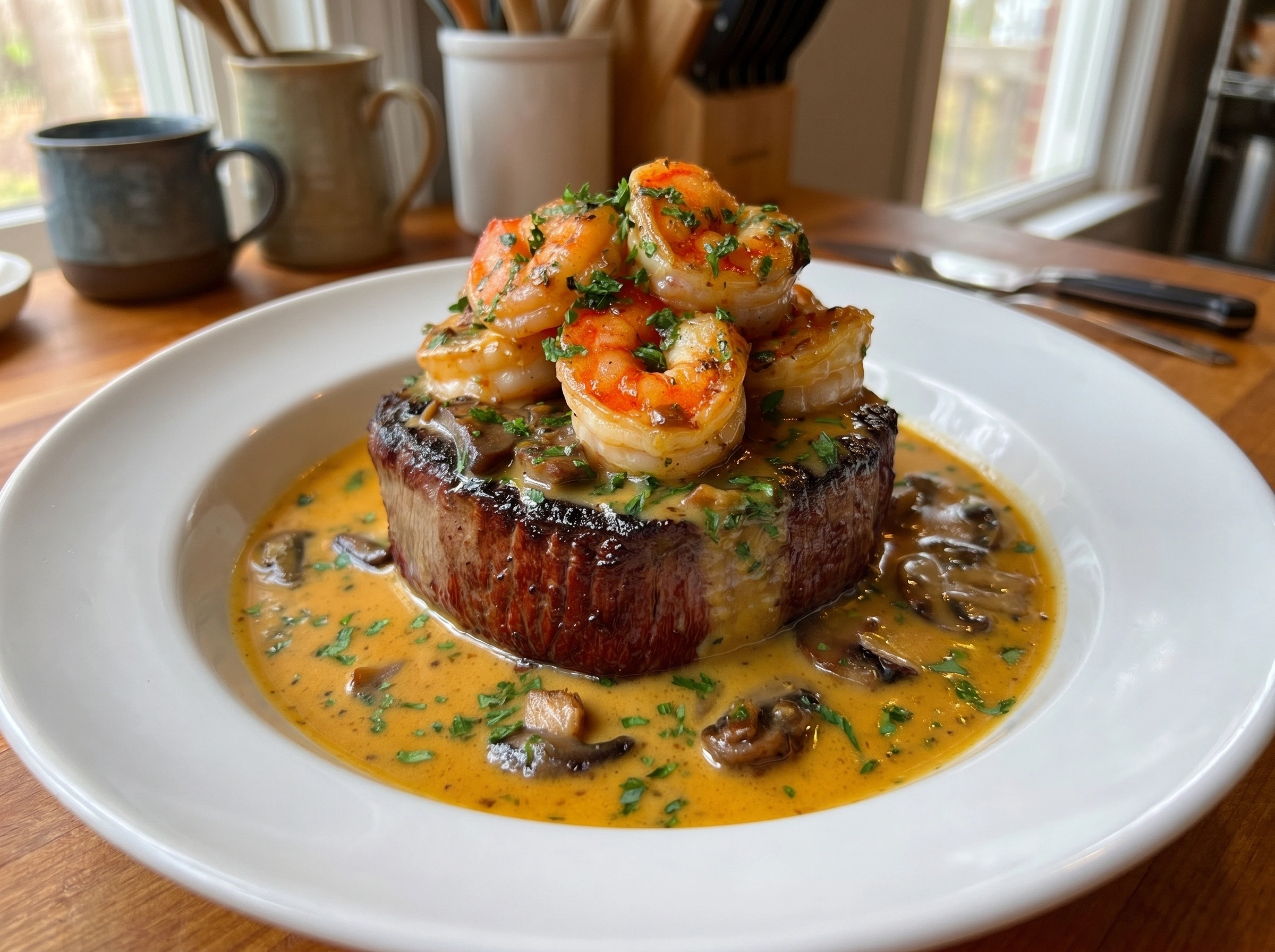 Turf Steak with Garlic Shrimp and Creamy Mushroom Sauce