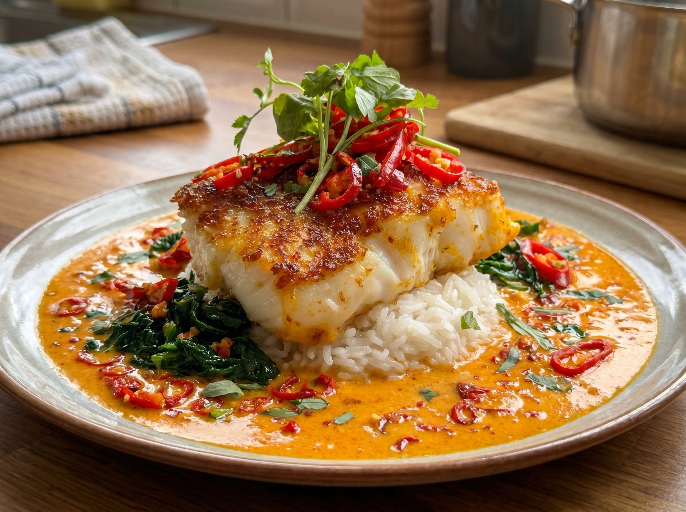 Crispy Coconut Curry Cod with Jasmine Rice