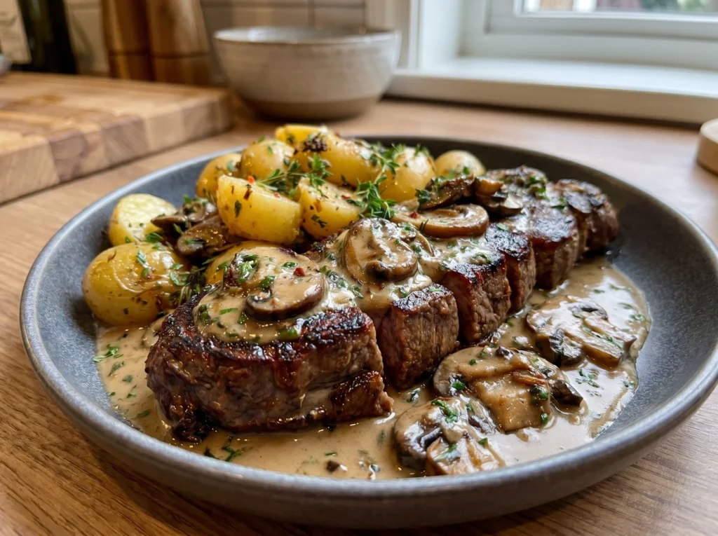 Creamy Mushroom Steak with Garlic Potatoes