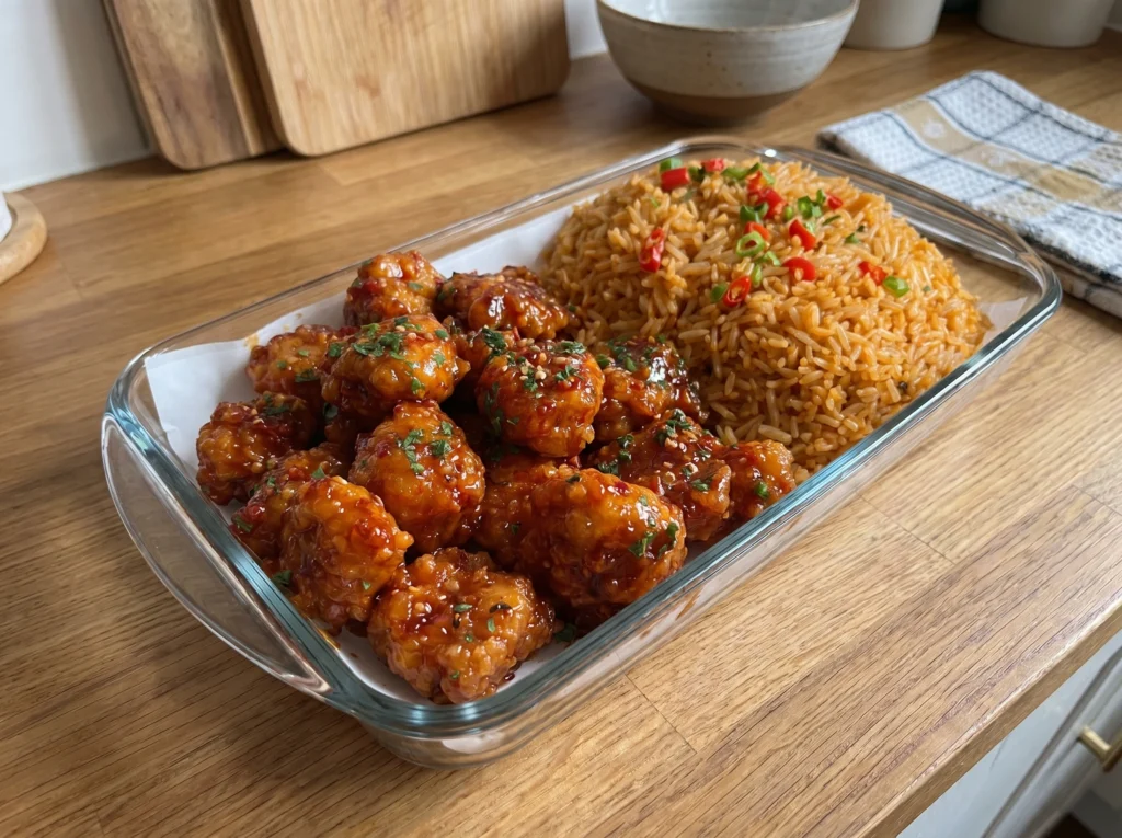 Sweet Chili Garlic Chicken Bites with Spicy Fried Rice