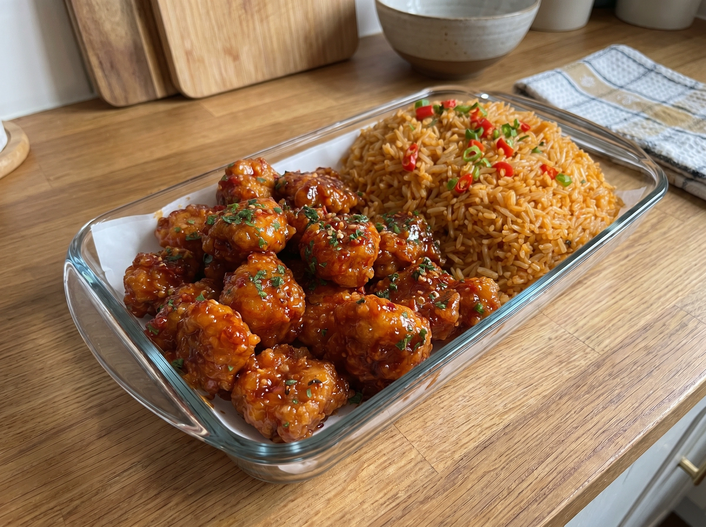 Sweet Chili Garlic Chicken Bites with Spicy Fried Rice